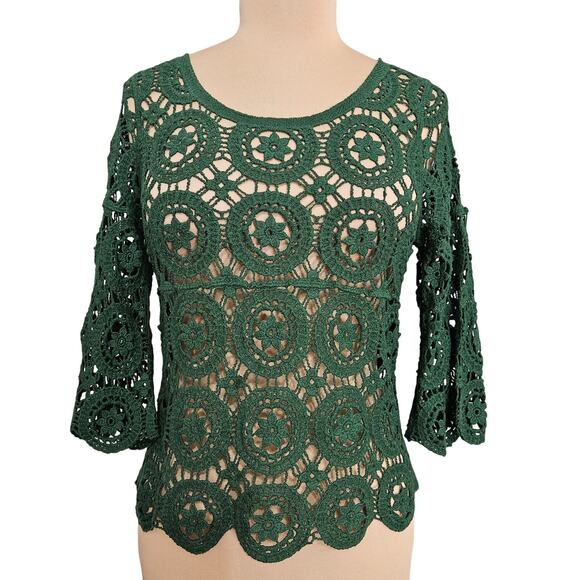 Ultra Pink Tops - Ultra Pink Top Womens Small Green Open Crochet Knit 3/4 Bell Sleeve Scoopneck
